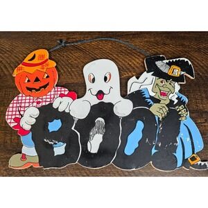 Vintage MSR Imports Halloween BOO Wood Hanging Sign Decor Pumpkin Witch‎ Ghost